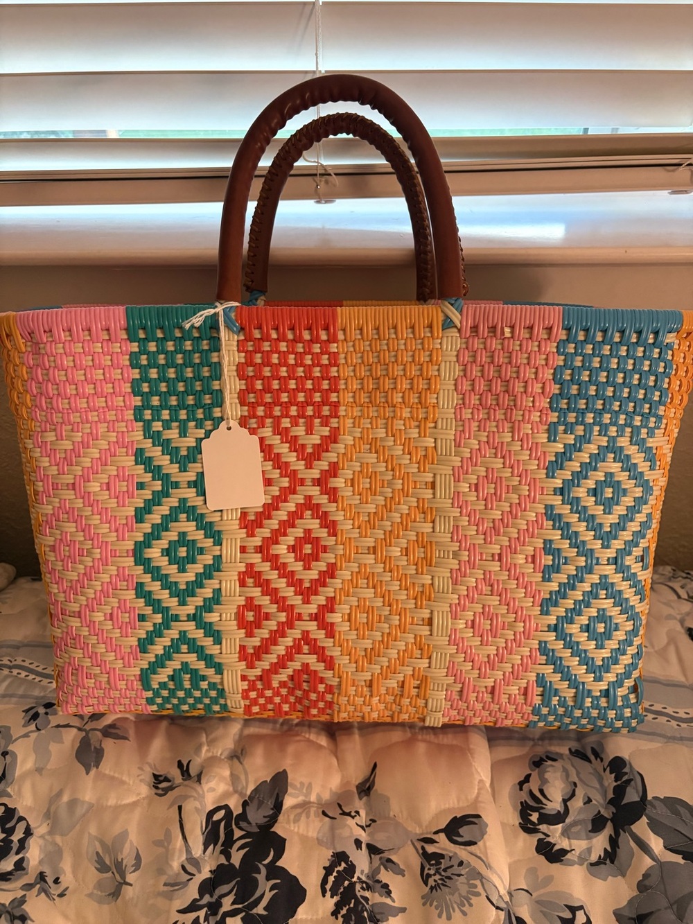 Handmade plastic Multicolor Tote Bag with Brown Handles.